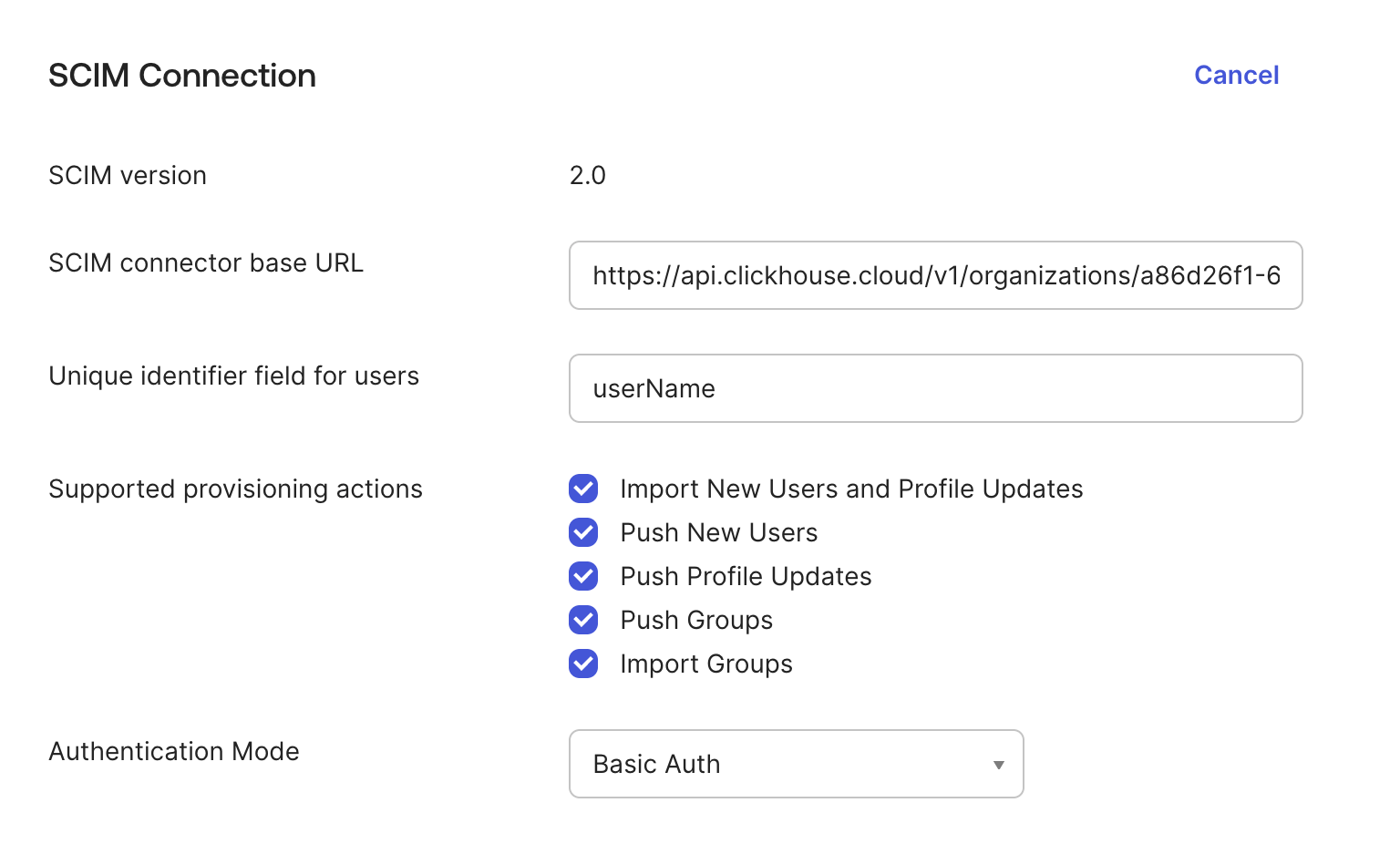 Enter SCIM connector URL and set the unique identifier to userName